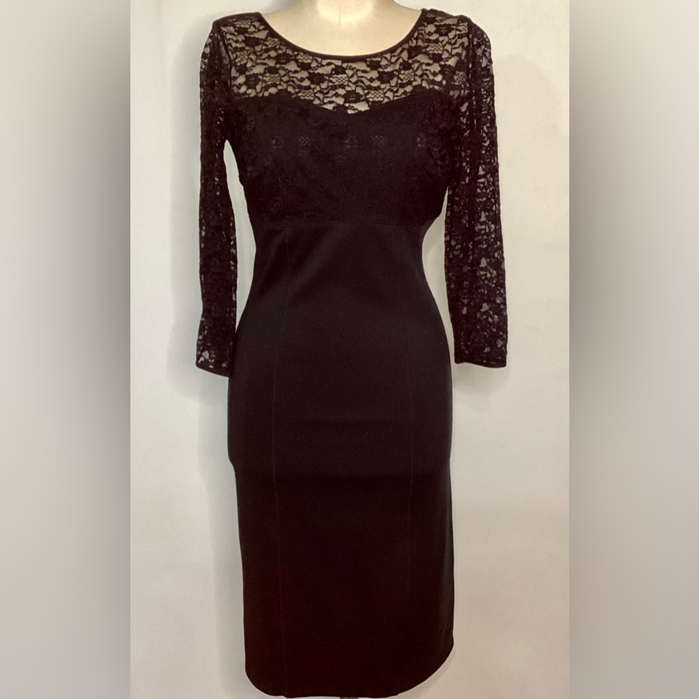 Elegant Slim Fabulous Black Lace Long Sleeve Dress w Slimming Features